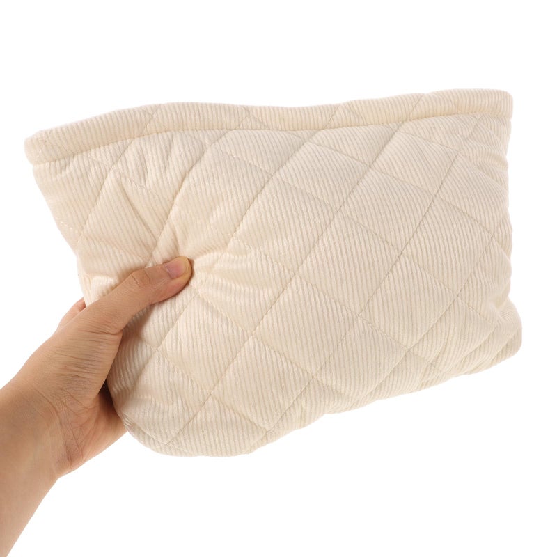 Large Plush Checkered Quilted Makeup Bag Portable Travel Cosmetic Organizer Beige - Image 4