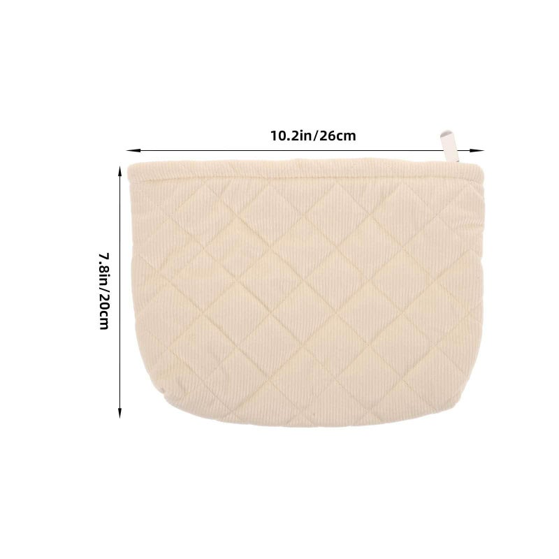 Large Plush Checkered Quilted Makeup Bag Portable Travel Cosmetic Organizer Beige - Image 3