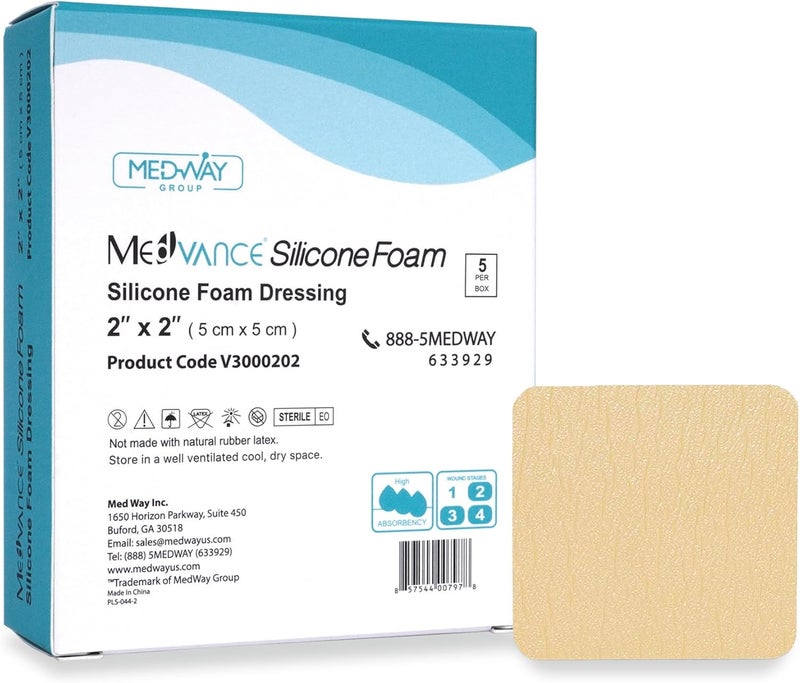 مدفانس TM سيليكون - ضمادة فوم لاصقة ماصة سيليكون، 2"x2"، علبة تحتوي على 5 ضمادات