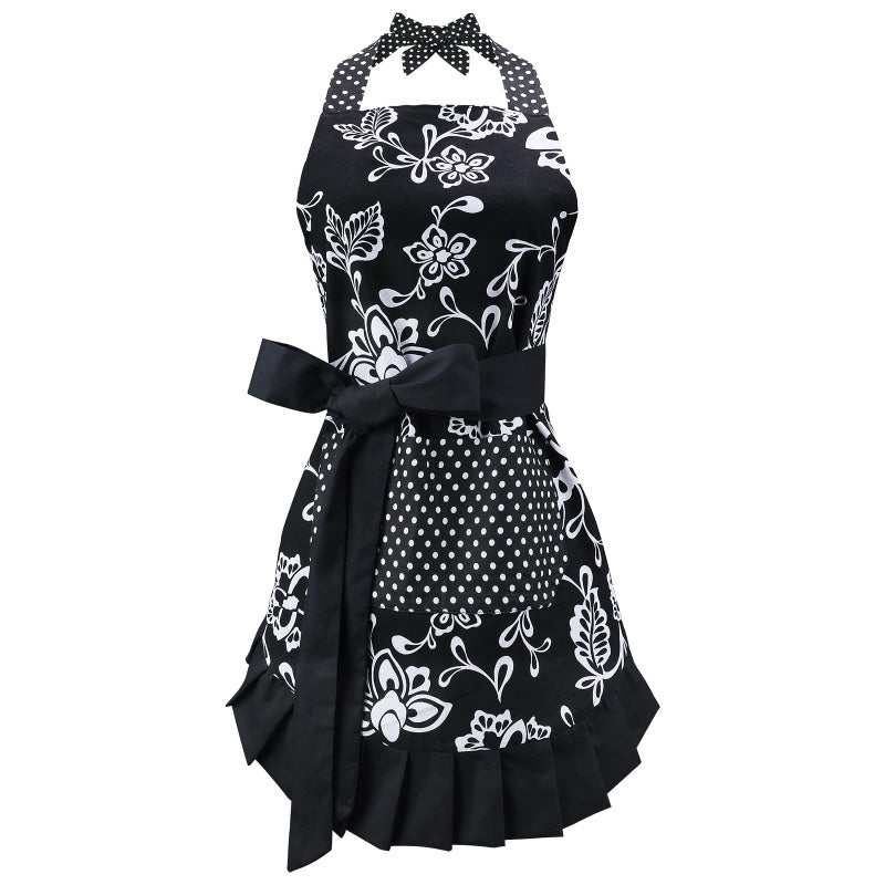 G2PLUS Cotton Aprons for Women with Pockets Extra Long Ties Floral Apron Perfect for Kitchen Cooking Baking and Gardening 29 x 21  inch Black