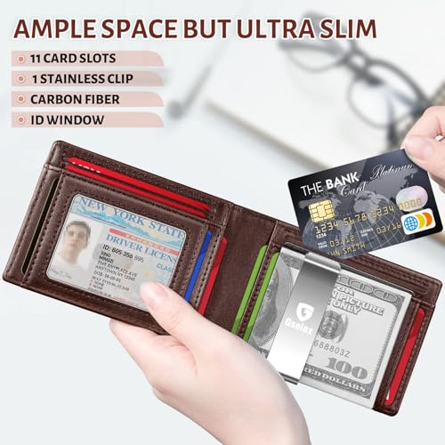 GSOIAX Men's Slim RFID Blocking Leather Wallet with Money Clip Minimalist Carbon Fiber Bifold Credit Card Holder 11 Card Slots Gift Box Included(Leather Coffee) - Image 3