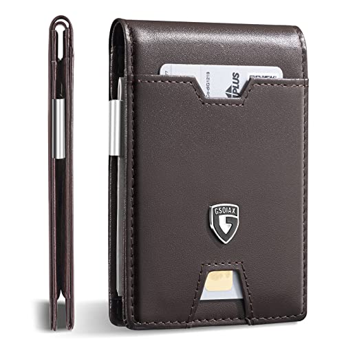 GSOIAX Men's Slim RFID Blocking Leather Wallet with Money Clip Minimalist Carbon Fiber Bifold Credit Card Holder 11 Card Slots Gift Box Included(Leather Coffee) - Image 1