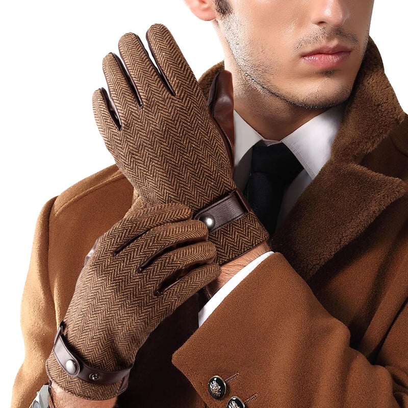 LADYBRO Herringbone Tweed Gloves for Men Touchscreen Winter Warm Lined Driving Black Brown Wool Blend Retro 1920s, S-XXL - Image 1