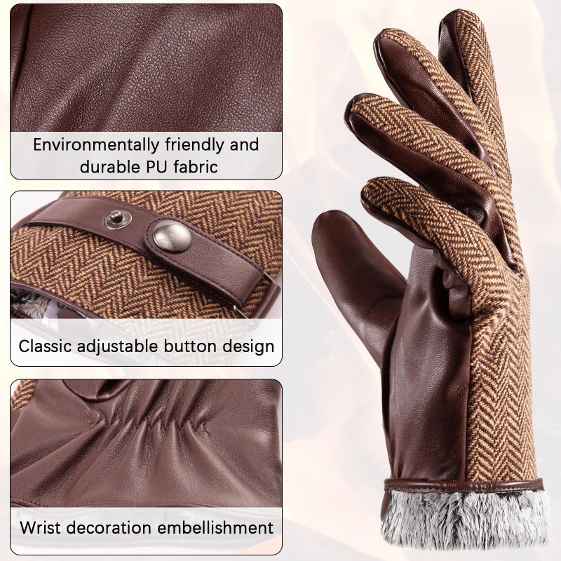 LADYBRO Herringbone Tweed Gloves for Men Touchscreen Winter Warm Lined Driving Black Brown Wool Blend Retro 1920s, S-XXL - Image 3