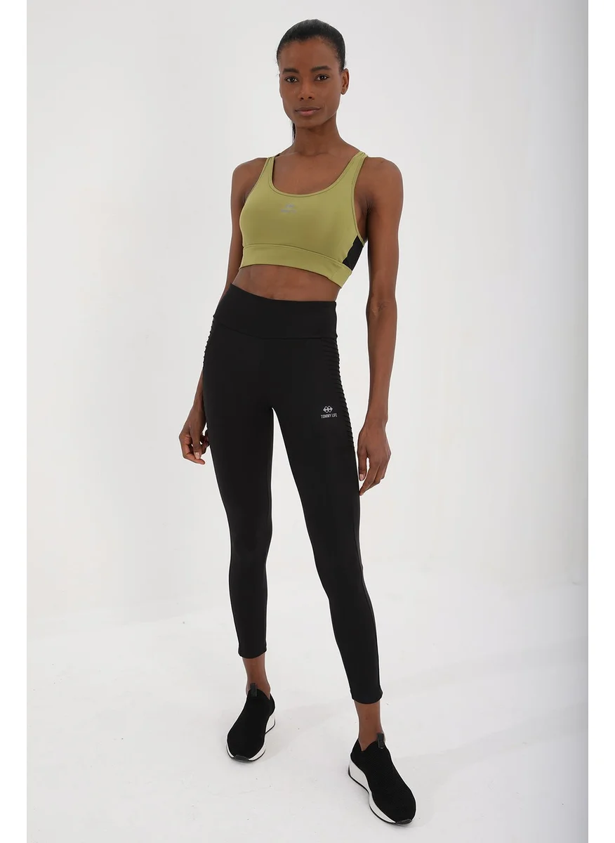 Tommy Life Oil Green Women's Cross Back Detail Slim Fit U Neck Sports Bustier - 97121