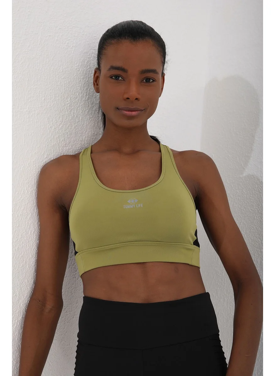 Tommy Life Oil Green Women's Cross Back Detail Slim Fit U Neck Sports Bustier - 97121