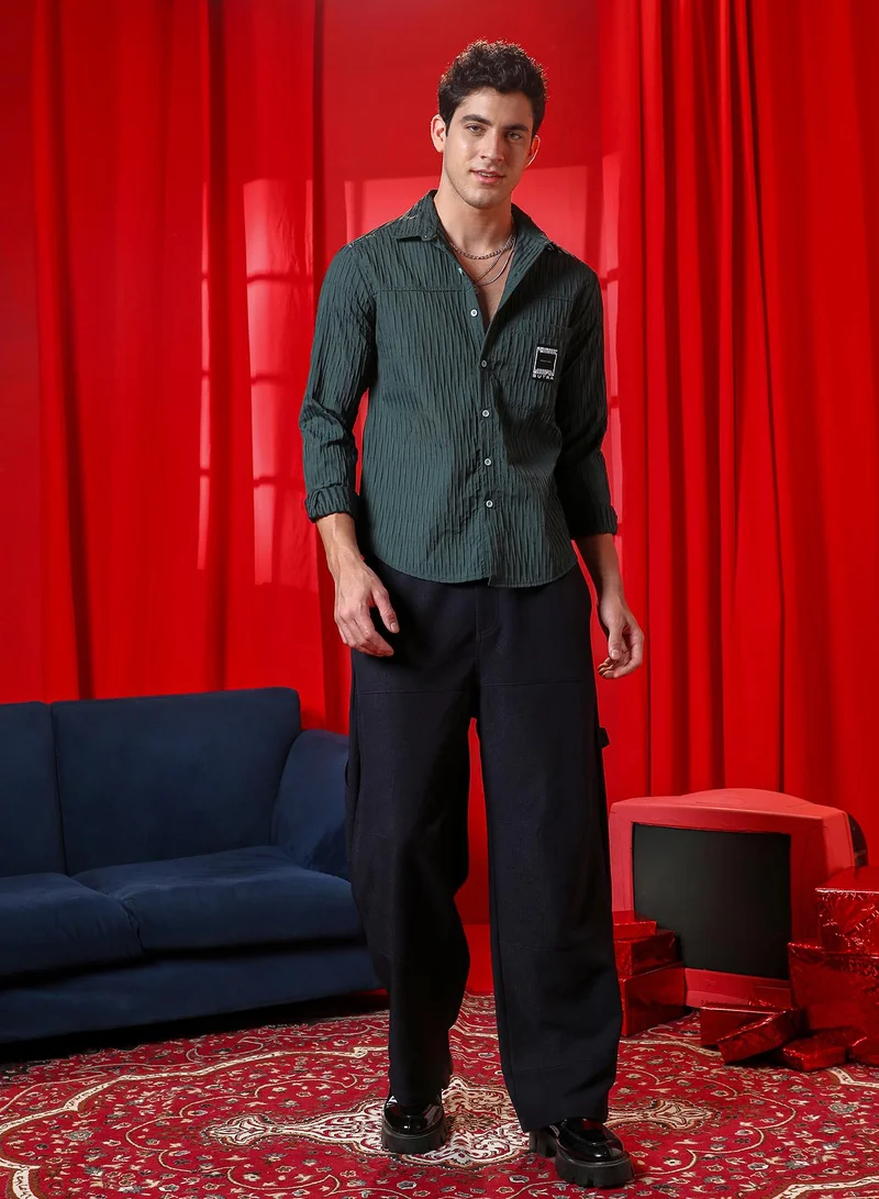 Campus Sutra Men's Forest Green Panelled -Tactile Shirt