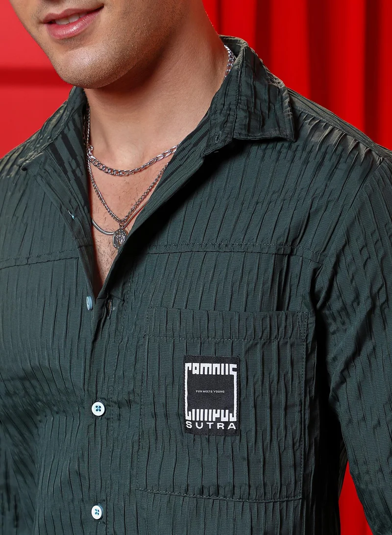 Campus Sutra Men's Forest Green Panelled -Tactile Shirt