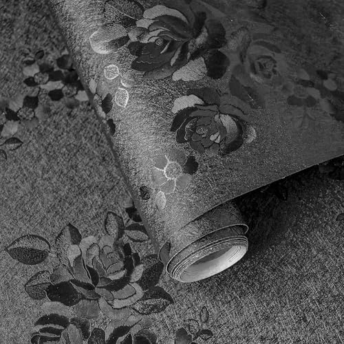 Lativo Black Peel and Stick Wallpaper Silk Embossed Floral 512inL 177inW Contact Paper for Cabinets Drawer Furniture Textured Flower Removable Wallpaper for Kitchen Bathroom Waterproof Thicken Vinyl - Image 1