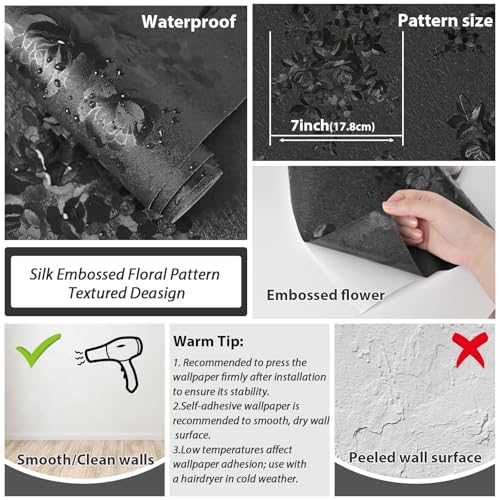 Lativo Black Peel and Stick Wallpaper Silk Embossed Floral 512inL 177inW Contact Paper for Cabinets Drawer Furniture Textured Flower Removable Wallpaper for Kitchen Bathroom Waterproof Thicken Vinyl - Image 3