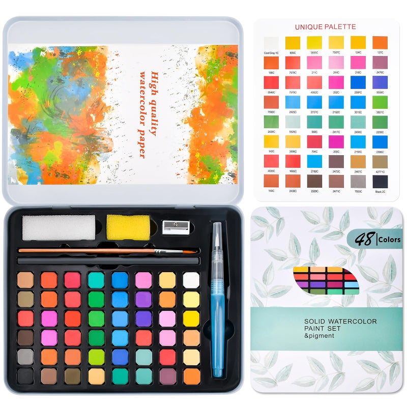 Casleevf Easter Basket Stuffers Watercolor Paint Water Color Painting Birthday Party Valentines Day Gifts Stocking Stuffers Travel Watercolors Palette Paint Adult Set Art Supplies 48 pcs - Image 2