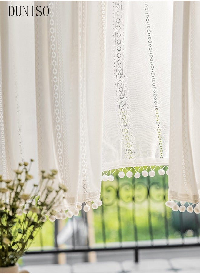 DUNISO Boho Tassel Crochet Curtains for Kitchen Living Room Vintage Rod Pocket Bohemian Curtains Geometry Striped Knitted Lace Curtains 140*70 CM  - Image 4