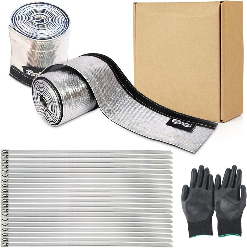 LEDAUT 2 Pcs Heat Shroud Sleeve Aluminized Sleeving with Hook&Loop Closure 3/4" I.D.x 10FT with 20PCS Stainless Steel Cable Metal Ties and 1Pair of Operating Gloves - Image 1