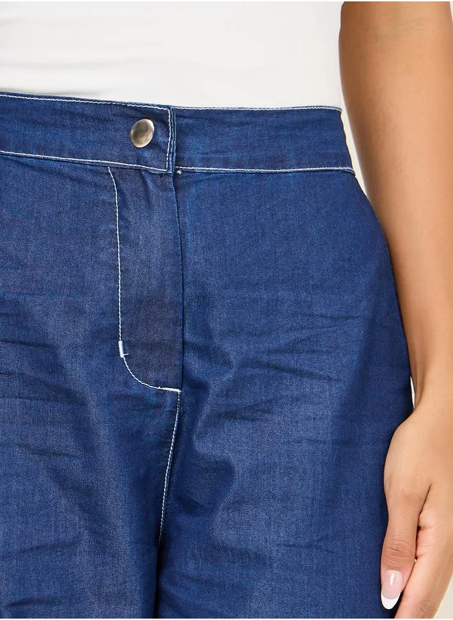ستايلي Wide Leg Basic Jeans with Button-Zip Closure