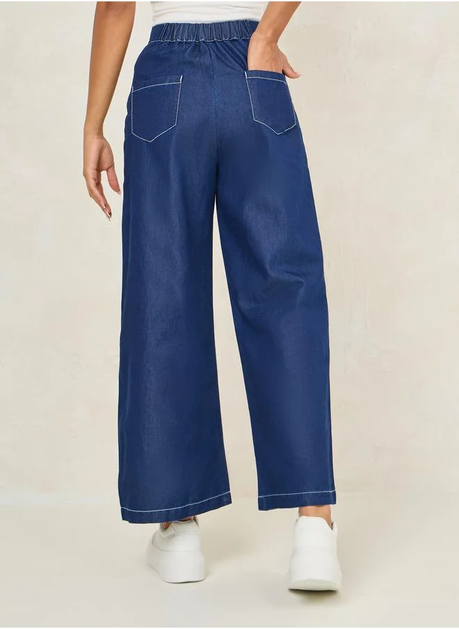 ستايلي Wide Leg Basic Jeans with Button-Zip Closure