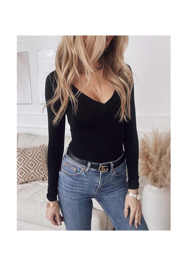 تي شيرت طويل الأكمام للسيدات بتصميم V عنق بلون صلب جديد من أوروبا والولايات المتحدة لموسم الخريف