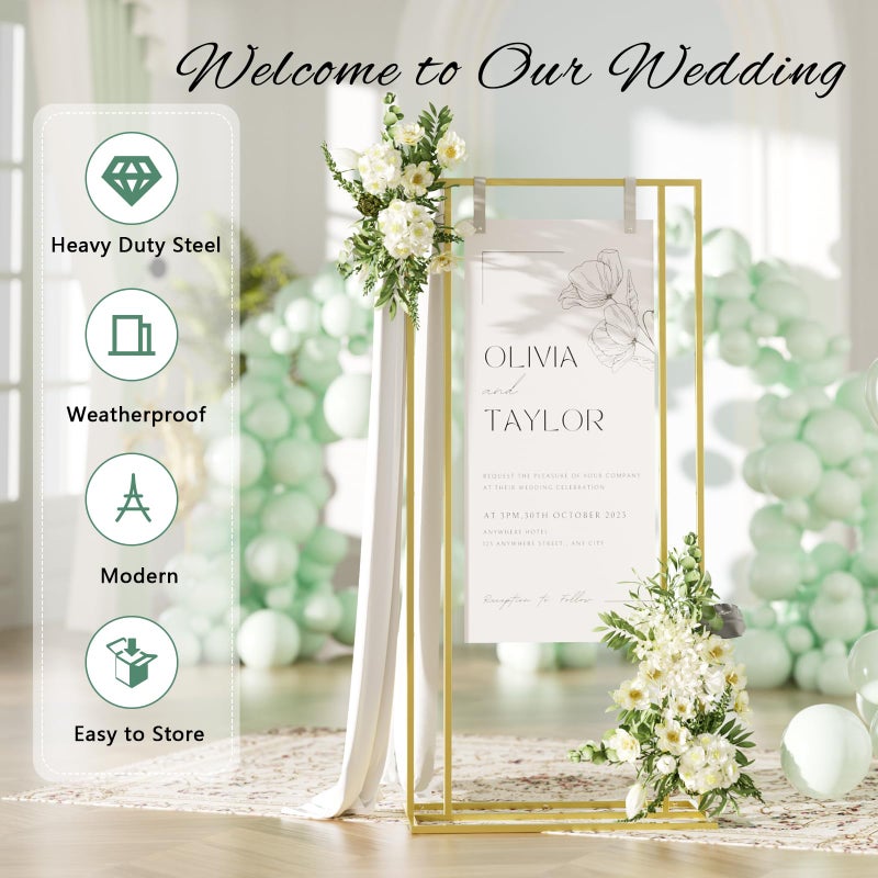 Cathyeen Wedding Welcome Sign Stand, 66â€H Adjustable Heavy Duty Easel Stand for Sign with Leather Straps, Welcome to Our Wedding Sign Holder, Metal Display Stand Easels for Signs, Posters (Gold) - Image 2