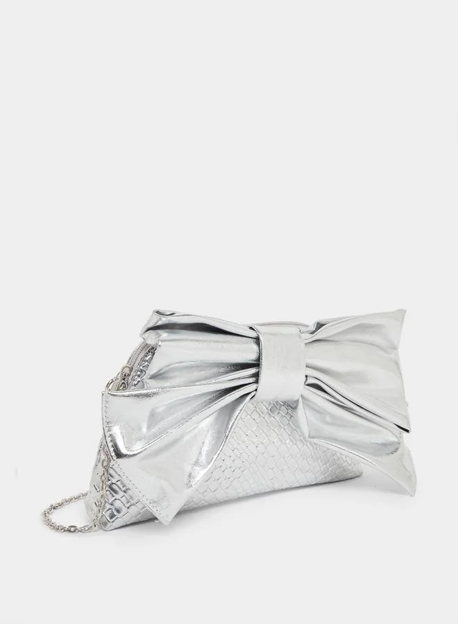 ستايلي Silver Bow Textured Clutch Bag