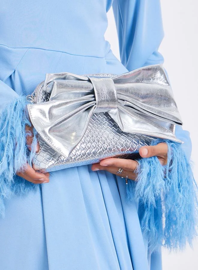Styli  Silver Bow Textured Clutch Bag for Women | Best Price UAE