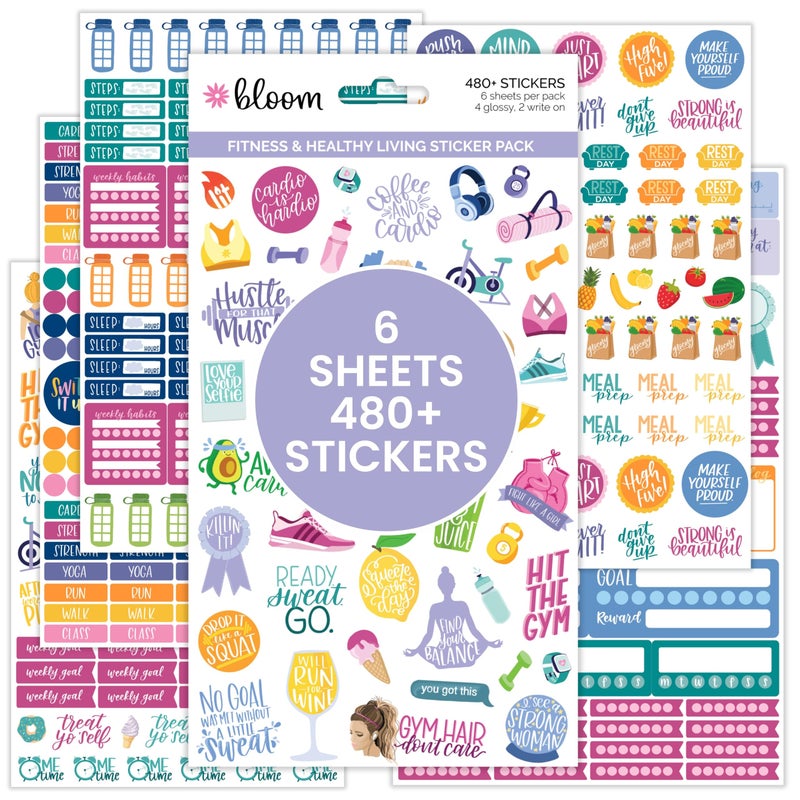 bloom daily planners Health Wellness and Fitness Planner Stickers - Variety Sticker Pack - Six Sticker Sheets Per Pack! - Image 1