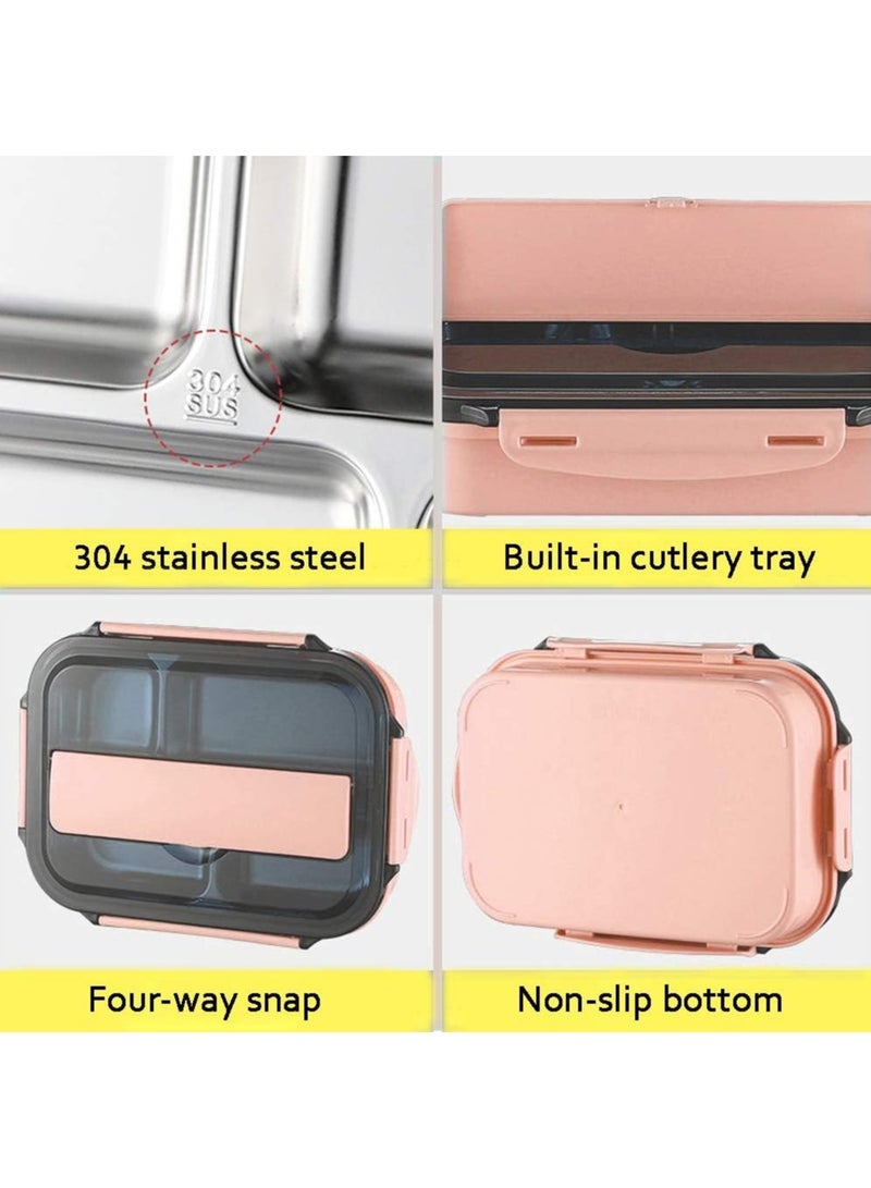 DubaiGallery Stainless Steel Bento Lunch Box With Fork Spoon 4-Compartment Metal Food Pail With Cover That Prevents Leaks & Spills - Image 3