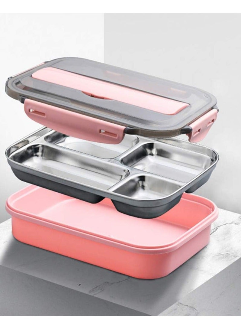 DubaiGallery Stainless Steel Bento Lunch Box With Fork Spoon 4-Compartment Metal Food Pail With Cover That Prevents Leaks & Spills - Image 2