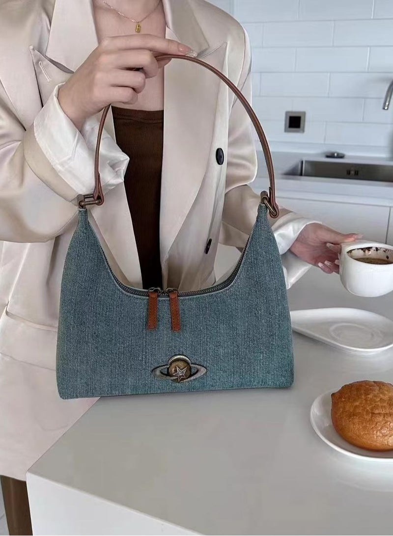 Crescent Shoulder Bags for Women ,  Denim Hobo Handbag Small Trendy Distressed Jean Purse,  Mini Tote Bag - Image 5