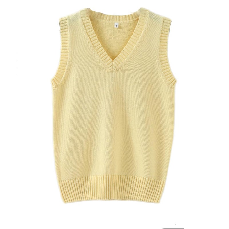 Betonsa Men Women Knitted Cotton V-Neck Vest JK Uniform Pullover Sleeveless Sweater School Cardigan Yellow - Image 2
