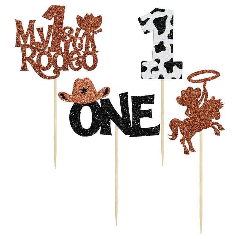 Ephlyn 24Pcs Cowboy 1st Birthday Cupcake Toppers Glitter First Birthday Hat Cowboy One Cake Decorations for Western Theme Baby Shower Kids Boys 1st Birthday Party Supplies Brown - Image 3