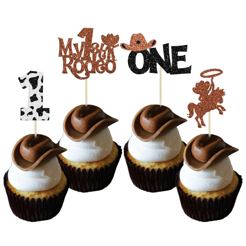 Ephlyn 24Pcs Cowboy 1st Birthday Cupcake Toppers Glitter First Birthday Hat Cowboy One Cake Decorations for Western Theme Baby Shower Kids Boys 1st Birthday Party Supplies Brown - Image 1