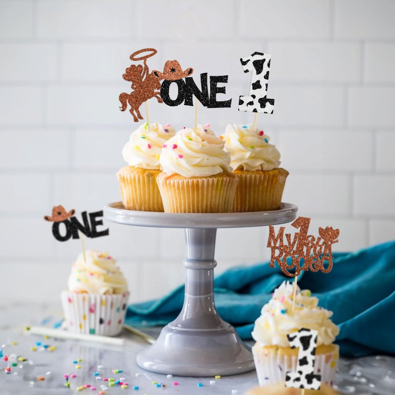 Ephlyn 24Pcs Cowboy 1st Birthday Cupcake Toppers Glitter First Birthday Hat Cowboy One Cake Decorations for Western Theme Baby Shower Kids Boys 1st Birthday Party Supplies Brown - Image 5