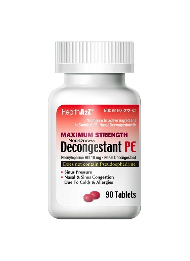 HealthA2Z ® Decongestant PE | Phenylephrine HCl 10 mg | Maximum Strength | Non-Drowsy Nasal & Sinus Congestion Relief Due to Cold & Allergies (90 Count (Pack of 1))  - Image 1