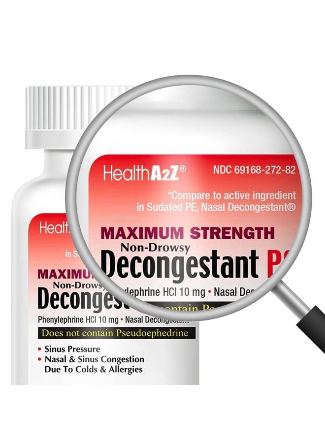 HealthA2Z ® Decongestant PE | Phenylephrine HCl 10 mg | Maximum Strength | Non-Drowsy Nasal & Sinus Congestion Relief Due to Cold & Allergies (90 Count (Pack of 1))  - Image 2