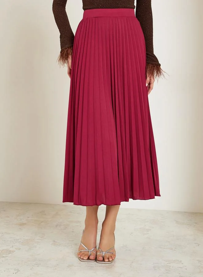 Styli Burgundy Pleated Midi Skirt