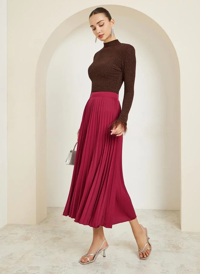Burgundy Pleated Midi Skirt