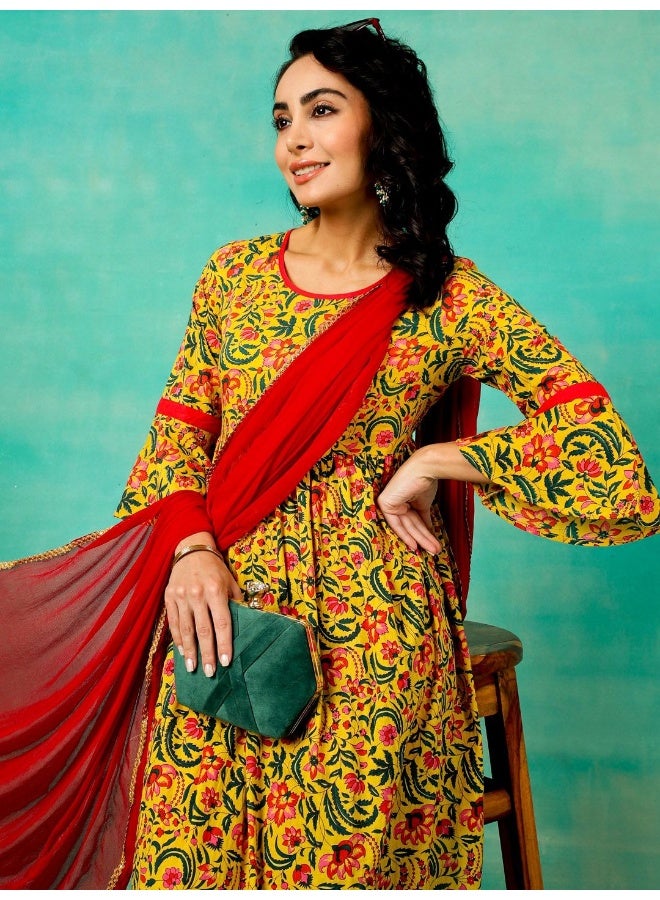 AKS Yellow & Red Floral Printed Anarkali & Pant With Dupatta Set  - Image 2