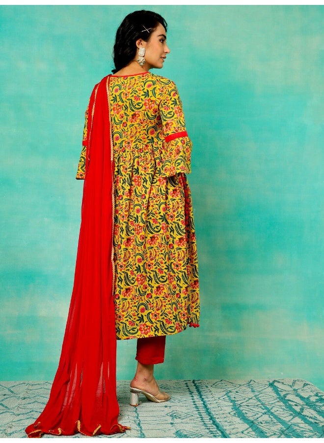 AKS Yellow & Red Floral Printed Anarkali & Pant With Dupatta Set  - Image 4