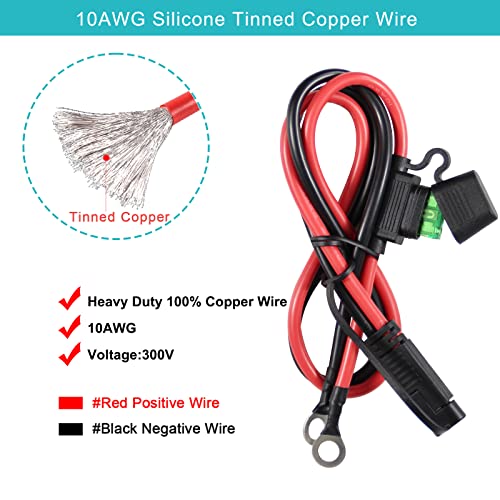 SPARKING [2 Pack] 2FT SAE to O Ring Terminal Harness 10AWG - Eyelet O-Ring Terminal 10Gauge Harness with 30A Fuse,Battery Trickle Charger Cable for Motorcycle,SAE Quick Connect/Disconnect Charging Cord - Image 2