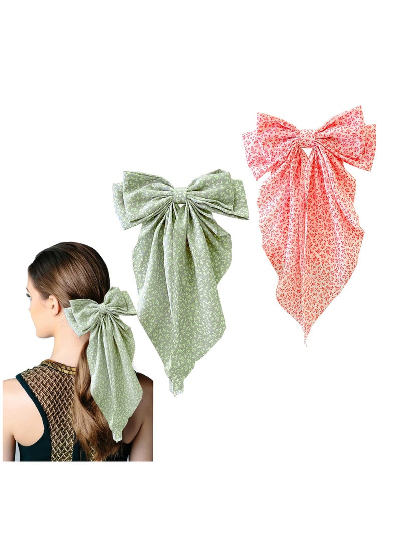 KASTWAVE Big Bow Hair Clips,2pcs Long Tail French hair Bows for Women Girl, Satin Silk Bow Hair Barrette, Pink Navy Blue Bow Hair Dress Up Accessories for Birthday/ Party/ Show - Image 1