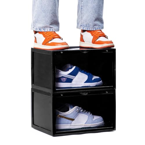 SNEAKARE Stackable Shoe Storage Box | Heavy Duty Plastic Sneaker Crate with Magnetic Door | Shoe Organizer for Men & Women | Fits Upto UK 14 | Durable Shoe Storage Box Black Pack of-2 - Image 1