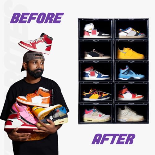 SNEAKARE Stackable Shoe Storage Box | Heavy Duty Plastic Sneaker Crate with Magnetic Door | Shoe Organizer for Men & Women | Fits Upto UK 14 | Durable Shoe Storage Box Black Pack of-2 - Image 2