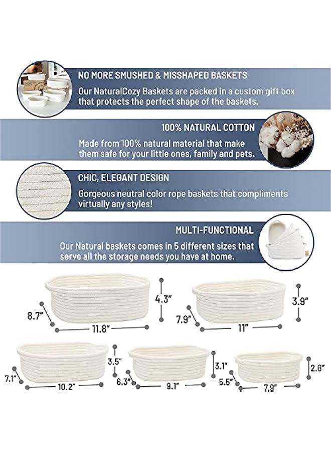 MIXDE Ellipse Storage Basket 5-piece Set- Natural Cotton Rope Woven Baskets for Organizing Small Basket Bins Storage, Dog Toy Baskets with Handle, Cat Toy Box, Bathroom Organization Bin - Image 5