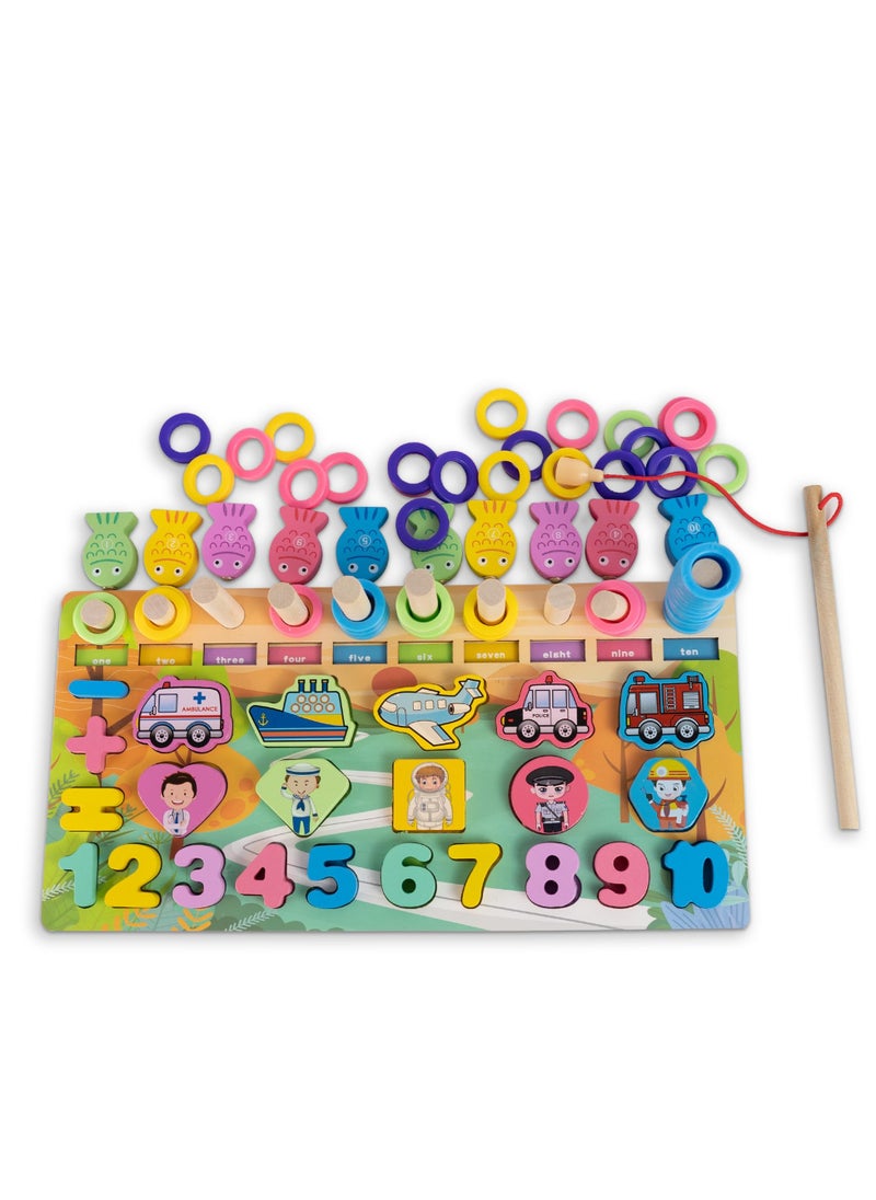 BAYBEE Baybee 5-in-1 Wooden Toys Logarithmic Board for Cognitive and Motor Skill Development | Wooden Puzzle Fishing Game Toys Safe and Fun for Kids  - Image 1
