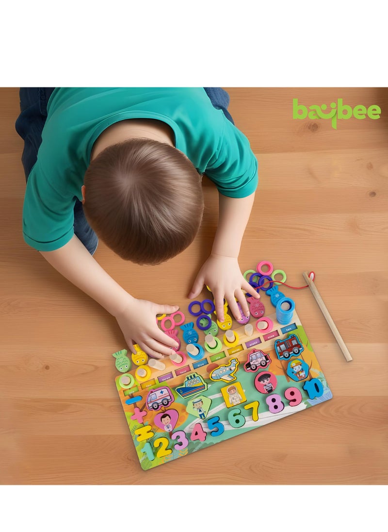 BAYBEE Baybee 5-in-1 Wooden Toys Logarithmic Board for Cognitive and Motor Skill Development | Wooden Puzzle Fishing Game Toys Safe and Fun for Kids  - Image 2