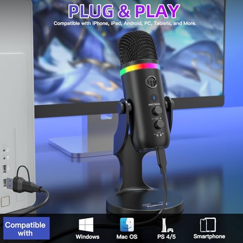 zealsound USB Microphone for PC, Phone, Noise Cancellation Condenser Mic with Quick Mute,Gain,Echo,Monitoring,RGB Indicator Microphone for Recording Streaming Discord YouTube Twitch Podcasts Videos - Image 2