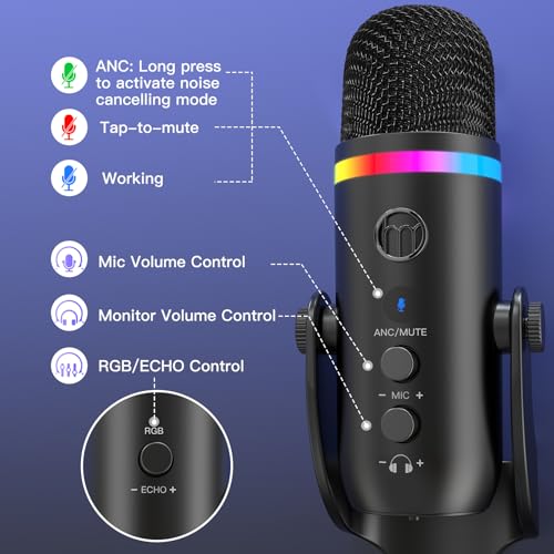 zealsound USB Microphone for PC, Phone, Noise Cancellation Condenser Mic with Quick Mute,Gain,Echo,Monitoring,RGB Indicator Microphone for Recording Streaming Discord YouTube Twitch Podcasts Videos - Image 4