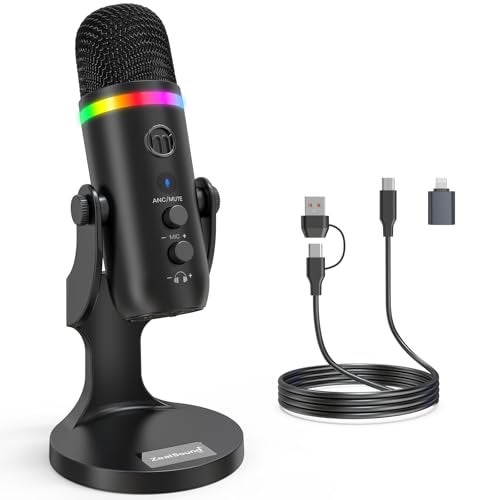 zealsound USB Microphone for PC, Phone, Noise Cancellation Condenser Mic with Quick Mute,Gain,Echo,Monitoring,RGB Indicator Microphone for Recording Streaming Discord YouTube Twitch Podcasts Videos - Image 1