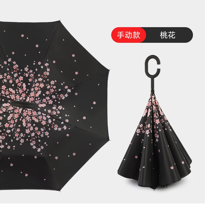 Hands-Free C-Handle Standable Reverse Umbrella Peach blossom hand opening 