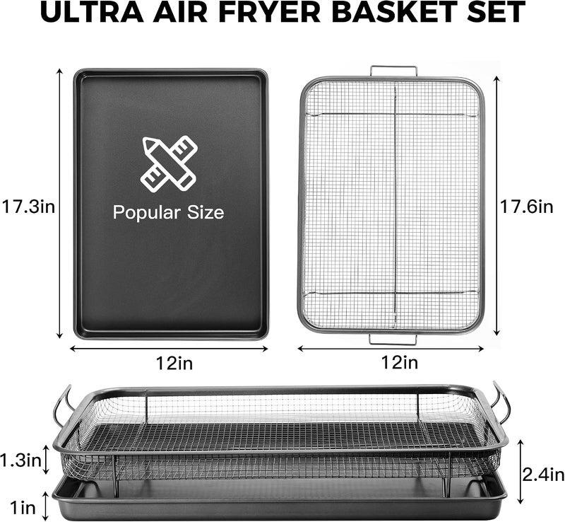 HONGBAKE Air Fryer Basket for Oven, 17.5"x12" Large Nonstick Baking Pan with Air Fry Crisper Tray, 2 Pieces Accessories, Wide Edge, Gray - Image 4