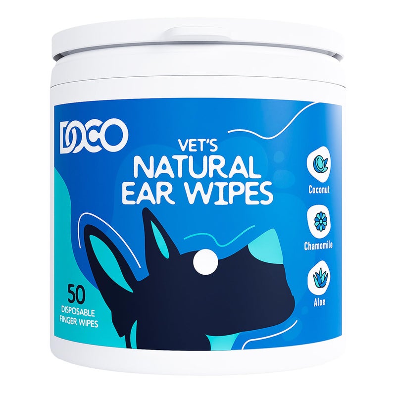 DOCO Dog Ear Cleaner Wipes Finger Cleaning Kit for Dogs & Cats Eucalyptus, Chamomile & Aloe Cat Ear Cleaner Soothes, Deodorizes & Helps Itchy Ears â€“ 50 Count - Image 1